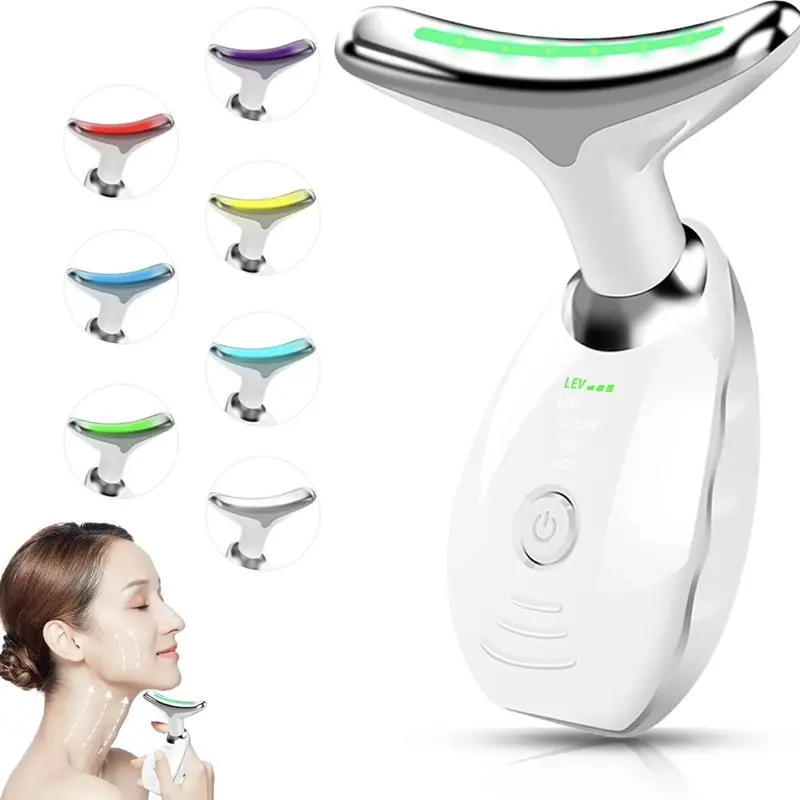 7-Color LED Neck Face Massager, Rechargeable Calming Soothing Facial Beauty Massager, Portable Daily Multifunctional Vibration Skin Care Tool for Home Use