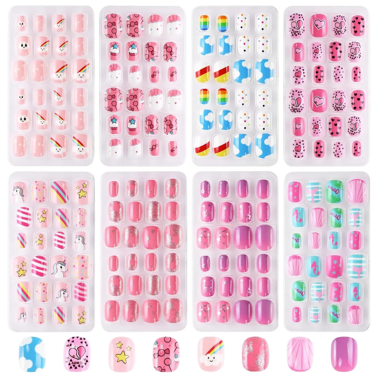 192Pcs Kids Press On Nails with 50,000Pcs Jelly Rhinestones Nail Art Kit, 8 Packs Pre-Glued Full Cover Fake Nails for Girls Ages 7-12, Colorful Unicorn Flamingo Cloud Designs, DIY Bedazzling Manicure Set
