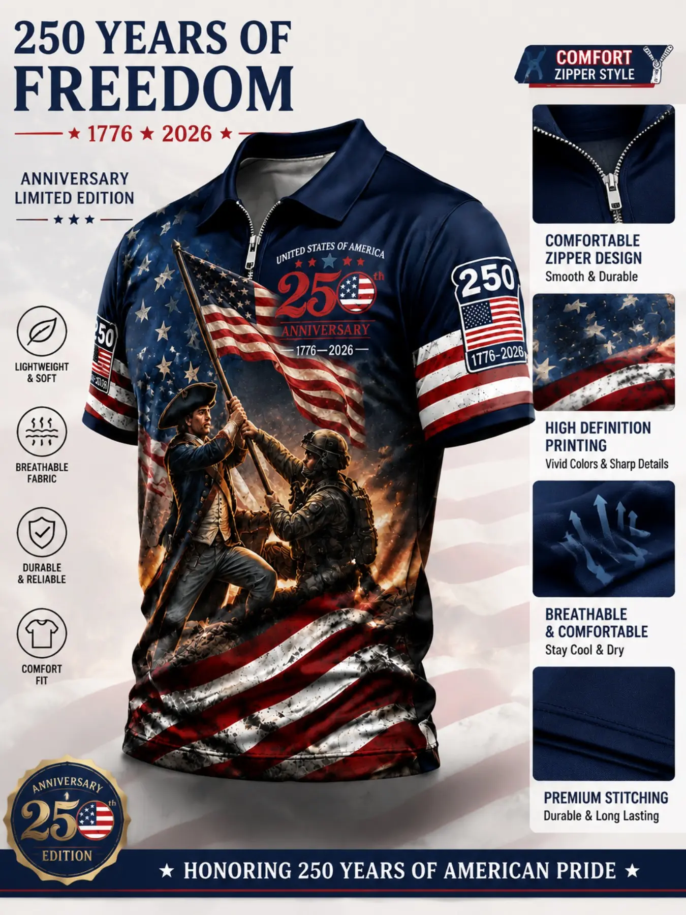 Men's Patriotic American Flag Zip-Up Polo Shirt, Stars and Stripes Warrior Design Commemorating the 250th Anniversary of the United States 1776-2026, Ideal July 4th Gift