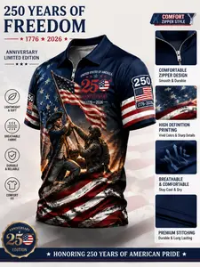 Patriotic American flag men's polo shirt, Stars and Stripes warrior (historical and modern fusion) Commemorating the 250th anniversary of the United States (1776-2026) July 4th gift polo shirt, zip-up polo shirt.