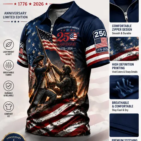 Men's Patriotic American Flag Zip-Up Polo Shirt, Zipper Polo Shirts, Stars and Stripes Warrior Design Commemorating the 250th Anniversary of the United States 1776-2026, Ideal July 4th Gift