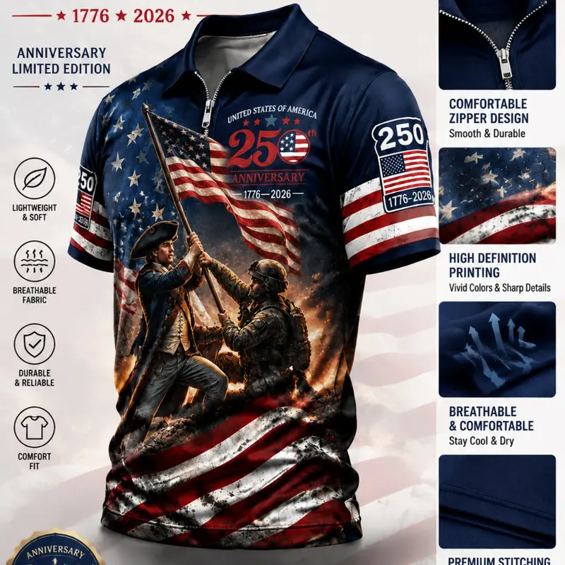 Men's Patriotic American Flag Zip-Up Polo Shirt, Zipper Polo Shirts, Stars and Stripes Warrior Design Commemorating the 250th Anniversary of the United States 1776-2026, Ideal July 4th Gift