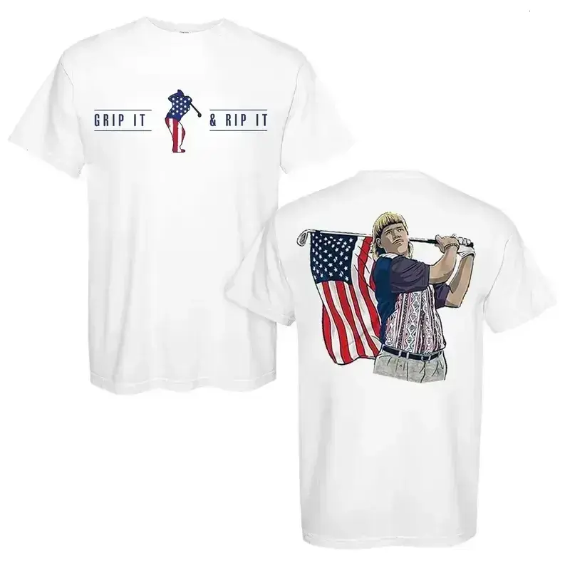Men's Vintage "John Daly" Grip It And Rip It Graphic Tshirt, Casual Washed Round Neck Short Sleeve Retro Patriotic 4th Of July Golf Heritage Top, Classic Soft Premium Cotton Menswear Tee - KitchenEra, High-Density Ink Iconic Logo, Streetwear