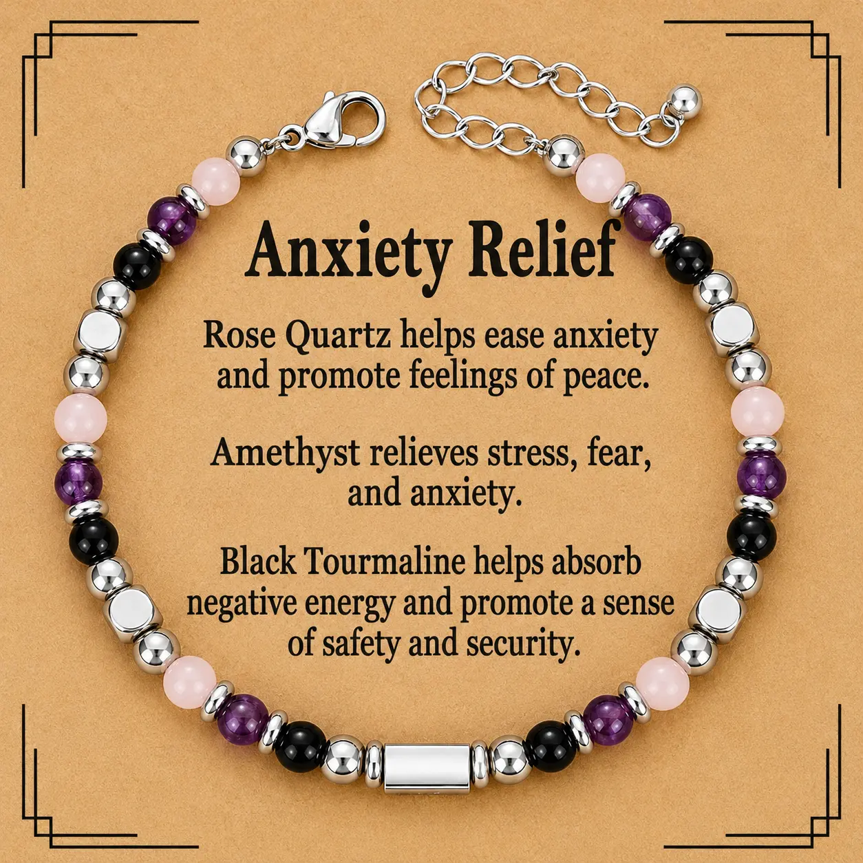Anxiety Relief Crystal Bracelet with Inspirational Card, Rose Quartz Amethyst Black Tourmaline Beaded Bracelet, Adjustable Silver-Tone Chain, Calming Reminder Gift for Women Friends, Thoughtful Support Jewelry Gift