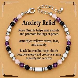 Anxiety Relief Crystal Bracelet with Inspirational Card, Rose Quartz Amethyst Black Tourmaline Beaded Bracelet, Adjustable Silver-Tone Chain, Calming Reminder Gift for Women Friends, Thoughtful Support Jewelry Gift