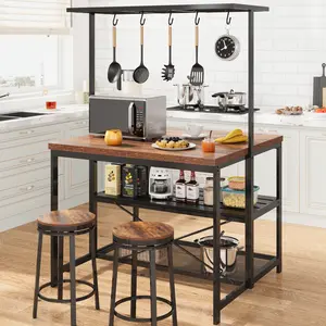 Kitchen Island with Storage, Bakers Rack with Power Outlet, 3 Tier Microwave Stand and Oven Shelf, Large Coffee Bar Table, Storage Shelf for Kitchen Dining Living Room with 5 Hooks