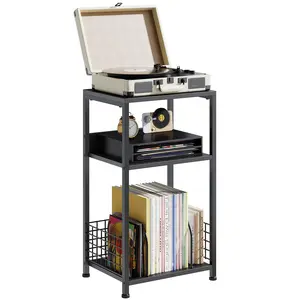 CD Storage Shelf, 3 Tier Side Table for Living Room Bedroom – Brown Small Cabinet with Metal Mesh Panels, Compact Bookcase for Organizing CDs, Books, Lamps, and Household Items