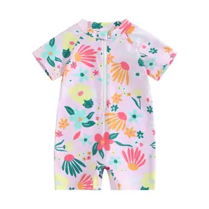 Toddler Girls Rash Guard Swimsuit  Zipper + Short Sleeve + Floral Print  Kids Bathing Suit Romper