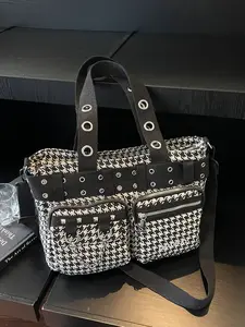 Fashion Large Capacity Women's Shoulder Bag, Multi-Pocket Houndstooth Design, Chain Decoration Motorcycle Style Crossbody Handbag, Everyday Bag