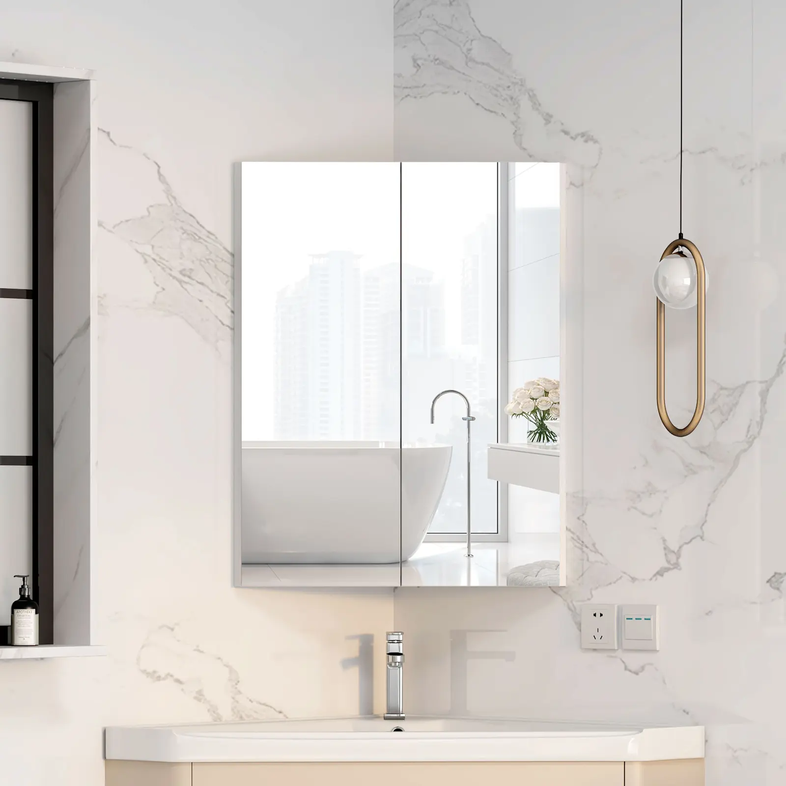 Mepplzian Frameless Design Sturdy Corner Wall-Mounted Medicine Cabinet - 18"w x 23.6"h, 2 Mirror Doors, 3 Corner Shelves, 44lb/25kg Load-Bearing Capacity, Particleboard, Copper-Free Silver, Assembly Required, Easy Indoor Setup, Secure Storage, Load-Bearin