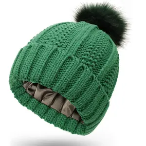 Satin Beanie Hat Luxurious Winter Headwear with Faux Fur Pom-Pom Stylish Women's Skull Cap for Ultimate Warmth Style Perfect Cold Weather Accessory
