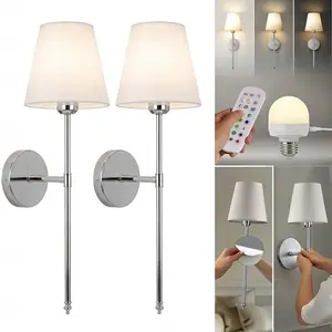 Battery Operated Wall Sconces Set of 2, Rechargeable Wall Lamps with Remote Bulbs, 10 RGB Colors & 3 Color Temperatures, Dimmable Wireless Wall Lights for Bedroom,Adhesive No-Drill Installation