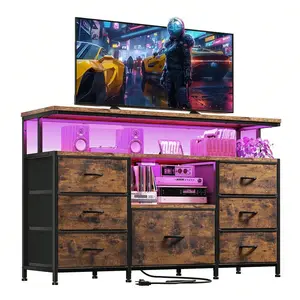 Dresser TV Stand For 55 Inch TVs With LED Lights And Power Outlets, 7 Fabric Drawers With Wood Shelves, Large Storage Chest With Built-In USB Ports, Industrial Metal Frame, Modern Bedroom Furniture, Rust Brown