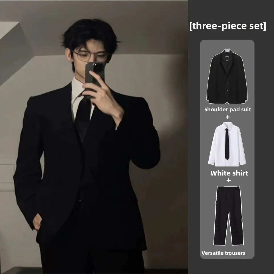 Men’s Preppy Academy 2-Button Blazer Suit Set, Loose-Fit Padded-Shoulder Jacket & Pants, British-Style School Uniform DK Outfit with Shirt & Tie Options (S-5XL) Classic Fabric Menswear Casual Overall Pocket Polyester Smooth Stylish