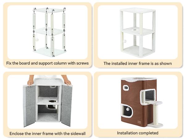 DWVO 2-Tier Cat House, Indoor Cat Cave Bed Playhouse, Cat Tunnels with Scratch Pad and Hideaway Cube, Cute Modern Cat Condo Furniture for Small Cats