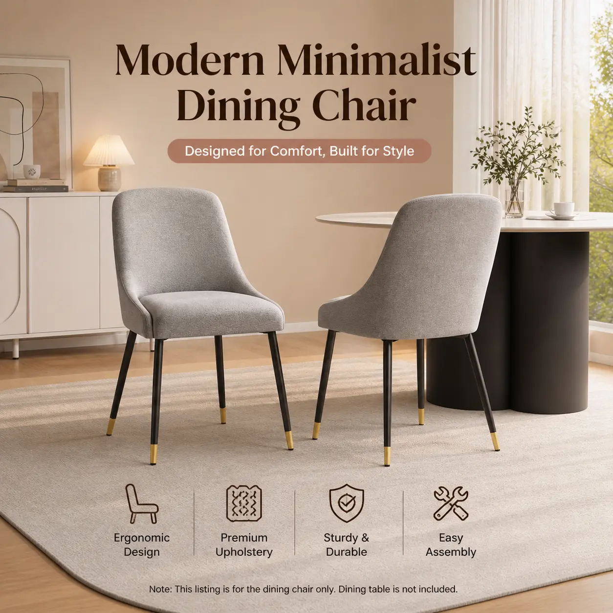COLAMY Luxe Modern Fabric & Metal Dining Chair – Integrated Backrest, Comfortable Upholstered Seat, for Dining Room / Living Room / Versatile Home Use