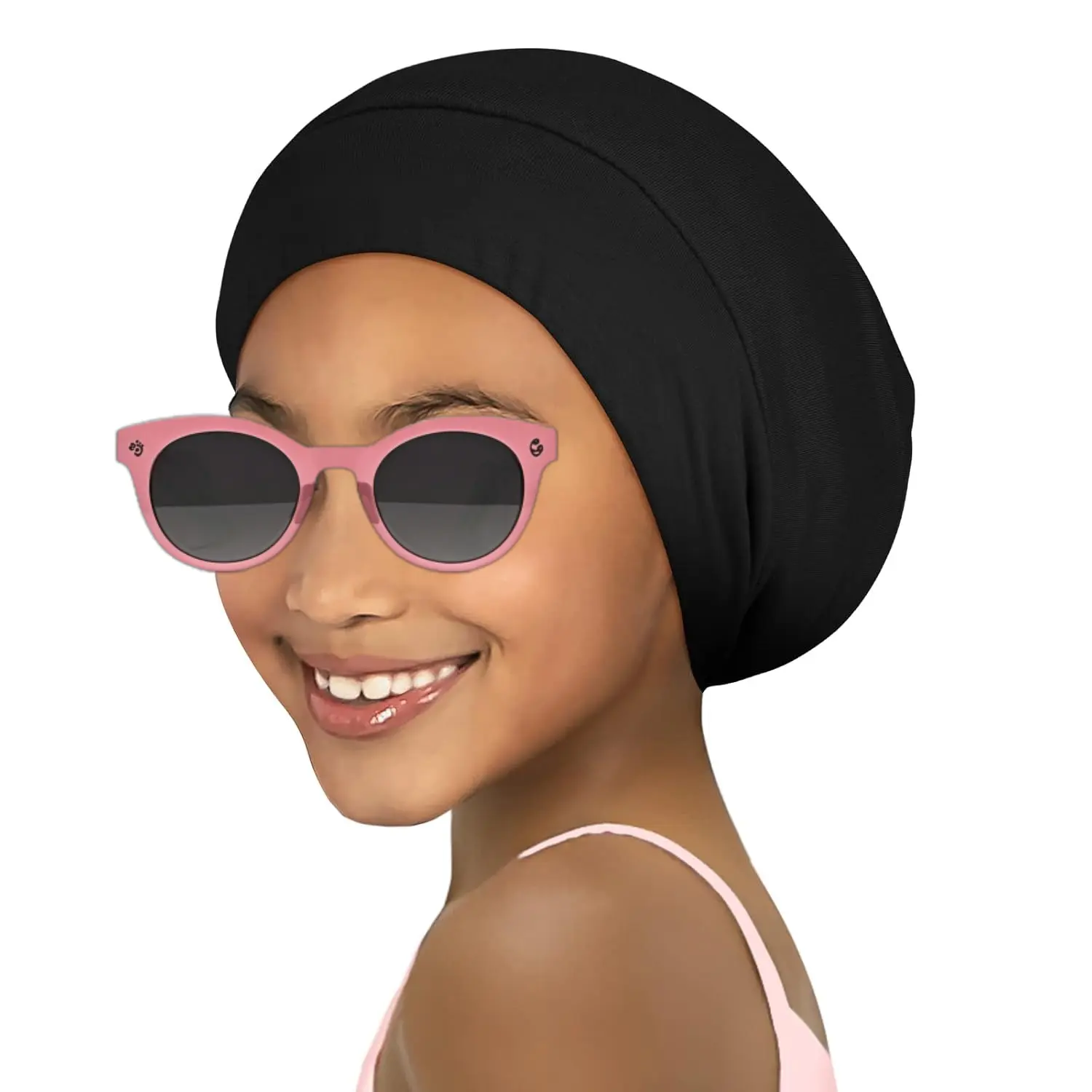 P-KCP09 Kids' Satin Bonnet for 1-3 Years Girls, Heatless Night Haircare Accessory, Adjustable Elastic, Durable, Lightweight, Silky Smooth, Breathable Black, Softening, Anti-Frizz for Curly, Wavy, Straight, Short Hair, Children's Adjustable Size Hat, Curly