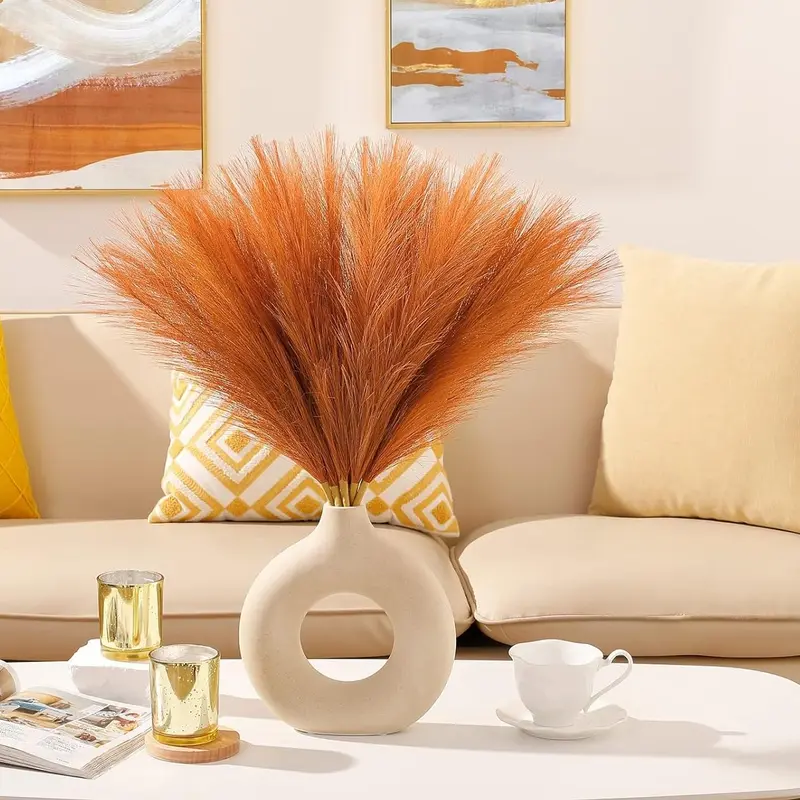 Pampas Grass Decor 17.7 Inch 6 Pcs Orange Faux Burnt Orange Pampas Fall Boho Decor for Home Living Room Decor