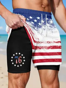 Vintage American Flag Beach Pants, Short, Distressed Texture, Independence Day Vacation Vibes, Patriotic Touch, Drawstring Waist, Fitted, All over Print