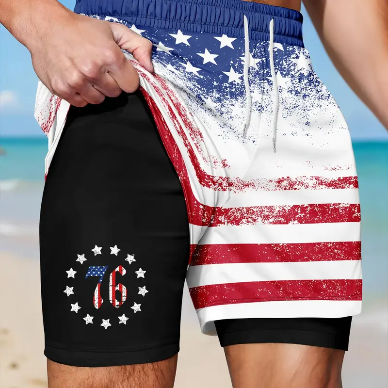 Vintage American Flag All Over Print Drawstring Waist Fitted Distressed Beach Shorts, Printed Trunks, Summer Beach Trunks, Independence Day Vacation Vibes