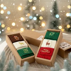 3 Pack Christmas Socks Gift Box Set Women's Embroidered Cotton Crew Socks Merry Christmas Reindeer and Tree Holiday Design