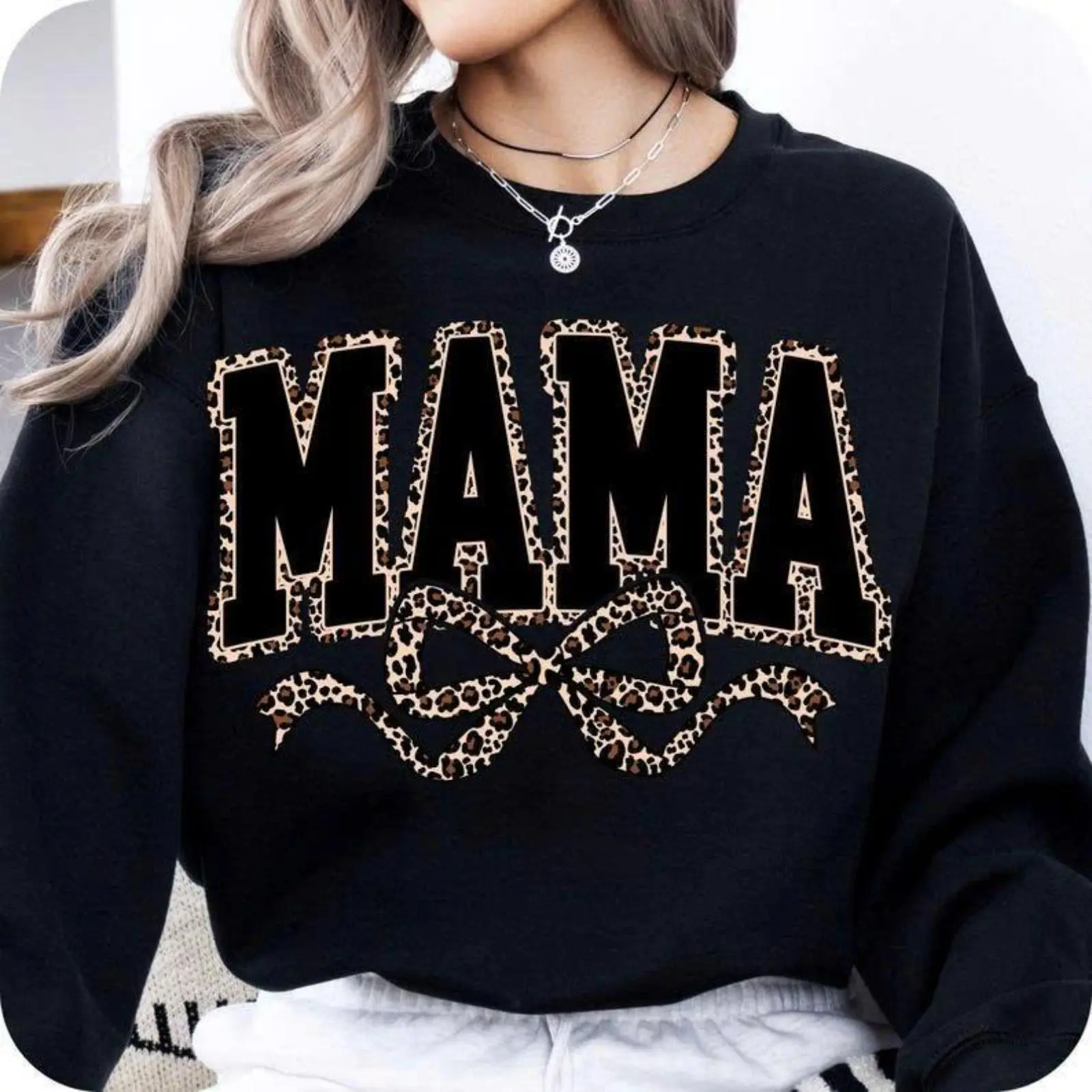 Mama Leopard Coquette Bow Casual Round Neck Pullover, Varsity Sweatshirt for Mother’s Day, Mom Stuff Sports Top