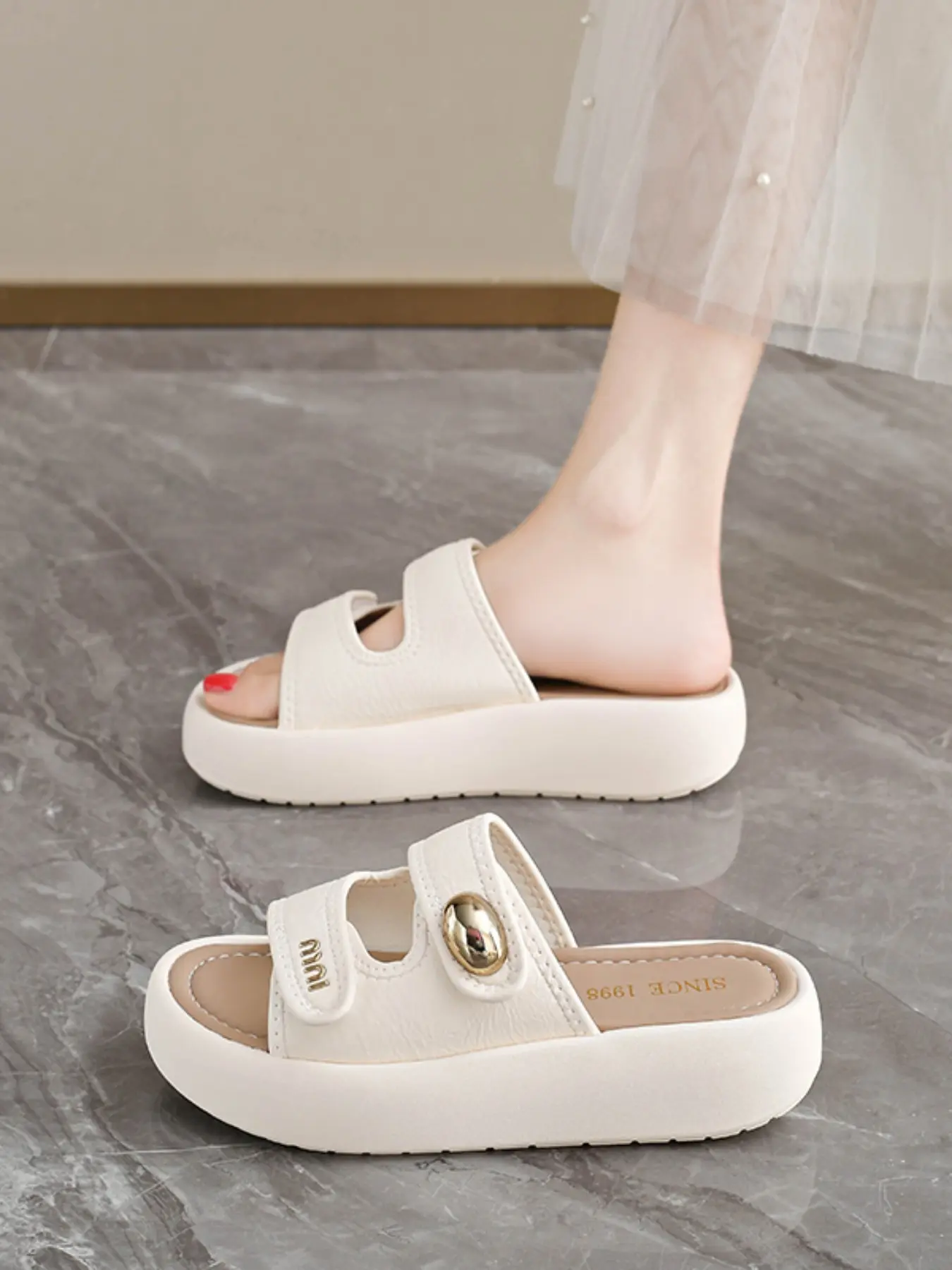 Women's Double Strap Cutout Metal Button Platform Slide Sandals Slip On Open Toe Soft Contoured Cushioned Insole Casual Daily Summer Footwear Two Colors Off White Cream Yellow
