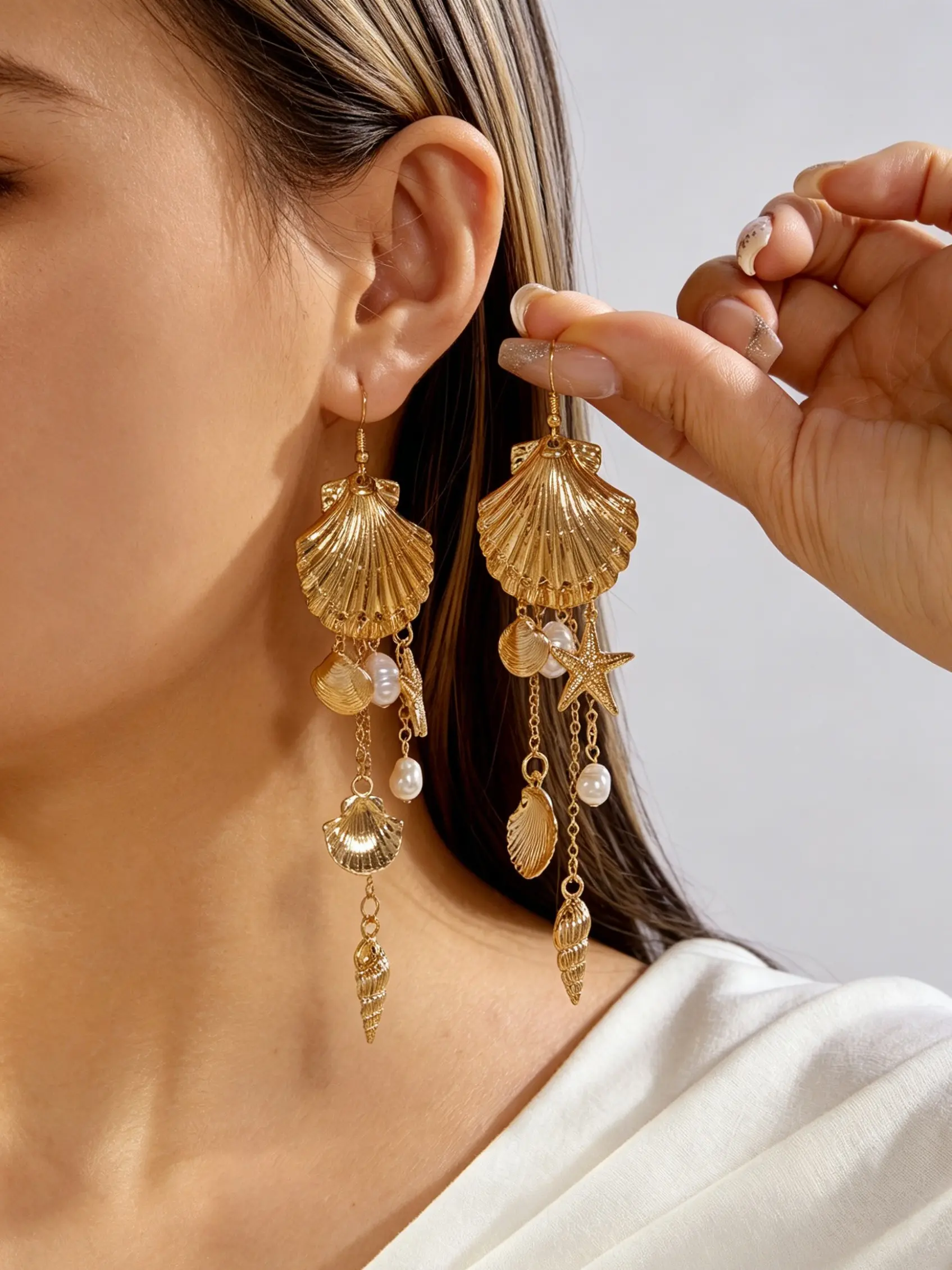 Shell Fringe Earrings, Pearl Starfish Conch Pendant Long Ear Jewelry, Ocean Vibes Dangles, Bold Design Earrings for Beach Vacation, Music Festival, Photography