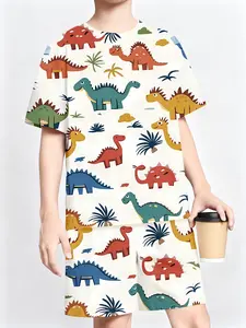 Boys' Summer Dinosaur Print Casual Set, 2-Piece Cartoon Short Sleeve Tee & Shorts, Soft Breathable Home Wear, Cute Dinosaur Pattern, Junior Clothing