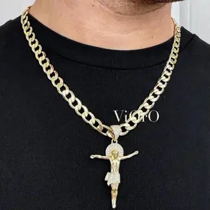 ViOrO 14K Gold Plated 8mm Cuban Link Chain with Zircon Jesús Christ Pendant for Dairy Use. Electro Laminated Premium Jewelry