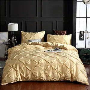 Golden Pintuck Satin Duvet Cover for Boys Girls Teens,Silk Like Satin Quilt Cover,Super Soft,Chic Luxurious Silky Decor Bedspread Cover,(No Comforter)