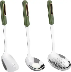Wok Spatula and Ladle Skimmer Spoon - Stainless Steel Cooking Utensils Set of 3,Kitchen Wok Utensils Set,Green Handle