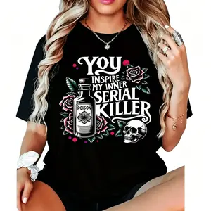 "My Inner Killer" Edgy Skull Roses Plus Size Graphic Tee |   Funny Gothic Rock Aesthetic Statement T-Shirt |   Women's Spring Summer Streetwear Casual Top