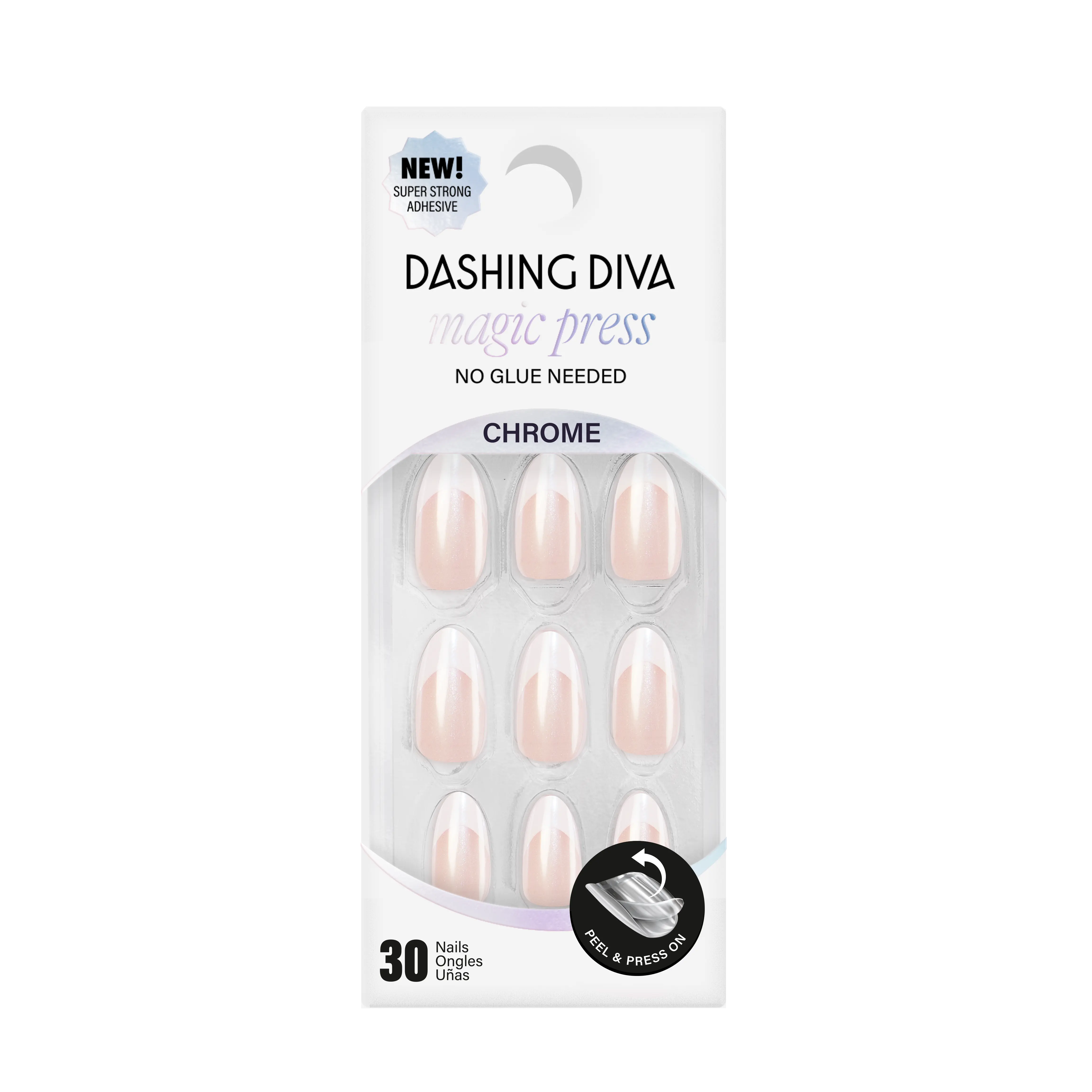 French Glaze Almond Press On Nails - Sheer Nude Glossy Finish with White French Tips and Chrome Effect
