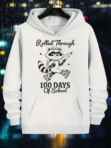 Men'S Vintage Rock Punk Hoodie with Raccoon Graphic & Rolling Through 100 Days of School Slogan - Plus Size Casual Sweatshirt, Retro Lettering & Cartoon Design, Comfortable Hooded Pullover for Casual fall outfits,streetwear,game day outfit