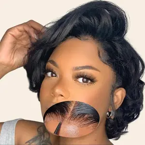 Karlami Hair Glueless Short Wig Human Hair Short Curly Pixie Cut Lace Front Wigs 6 inch 5X5 Human Hair HD Lace Front Wigs Plucked for Women  Body Wave Wig Natural Black black woman