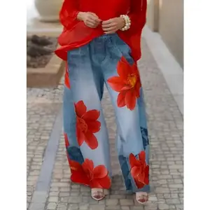 Flower Print Wide-leg Elastic Waist Denim Jean Loose Fit Casual All Season Women's Jeans Model 179536