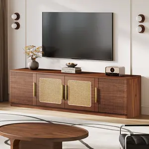 LITTLE TREE Mid-Century Modern TV Stand 70.9" with 6-Tier Storage Shelf Walnut Wood Grain Finish Rattan Weave Doors for TVs Up to 80 Inches