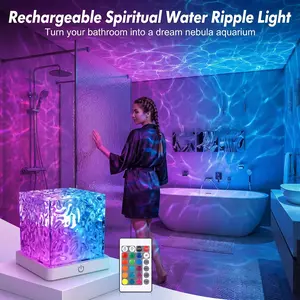 Shower Lamp Dimmable Waterproof with Remote 16 Color Changeable Rechargeable No Wiring Rotating Flame Water Ripple Ocean Wave Projector Light for Bathroom Bedroom Decor