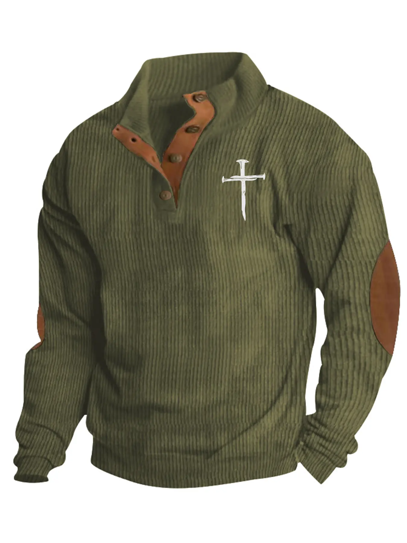 A new printed men's corduroy henley long-sleeve shirt with patch design on the sleeve shaft, comfortable fabric, and casual style for men's daily wear in autumn and winter.