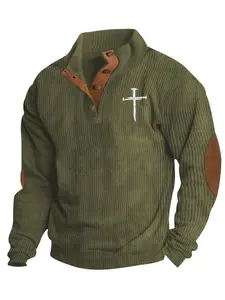 A new printed men's corduroy henley long-sleeve shirt with patch design on the sleeve shaft, comfortable fabric, and casual style for men's daily wear in autumn and winter, Casual Fitted Shirt