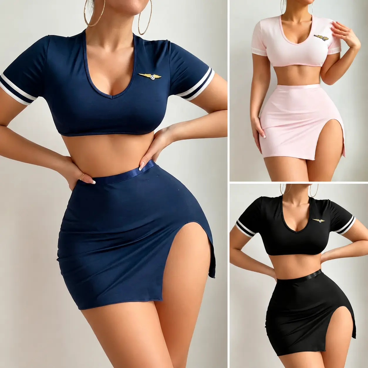 FEITAI Women's 2 Piece Roleplay Lingerie Set Flight Attendant Costume | 2 Piece Crop Teeand Mini Skirts, Flight Attendant, Exotic Roleplay