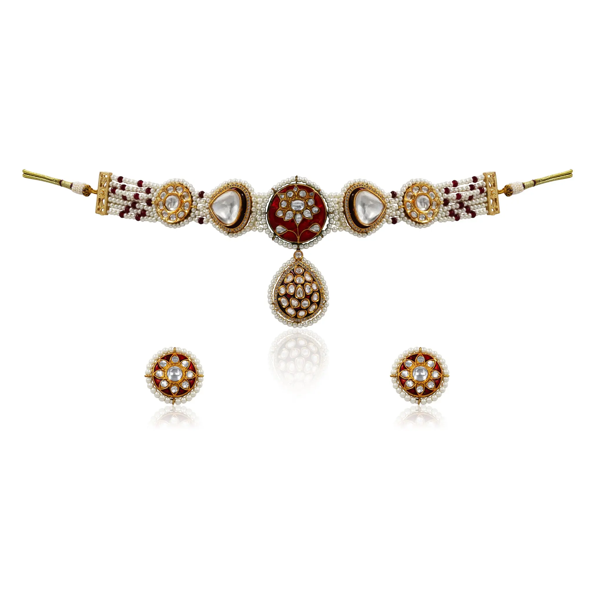 Annica Creations Traditional Kundan Choker Set, Hand-Painted Lotus with Pearl Beads, Pendant & Earrings for Bridal Wedding Wear, Bridal Wear, Diwali, Classic, Enamel