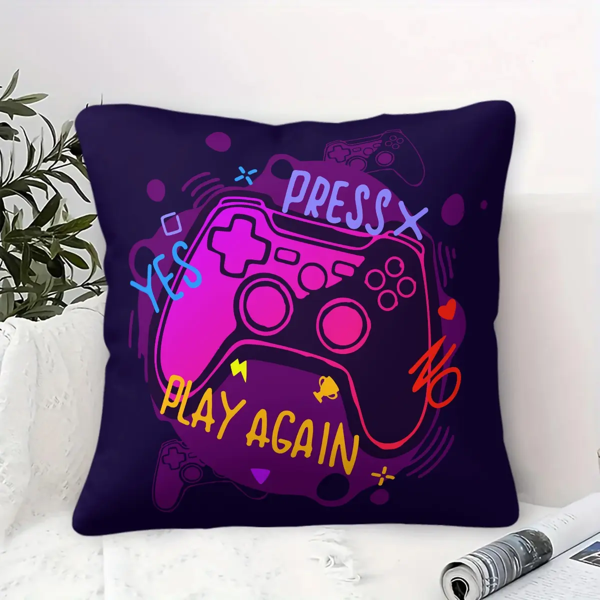 Colorful Gamer Game Controller Throw Pillow, Neon Graffiti Video Game Cushion Accent Pillow, Includes Pillow Core, Soft Stylish Home Decor Pillows for Sofa Couch Bedroom Game Room Dorm, Ideal Gift for Boys Teens Gamers