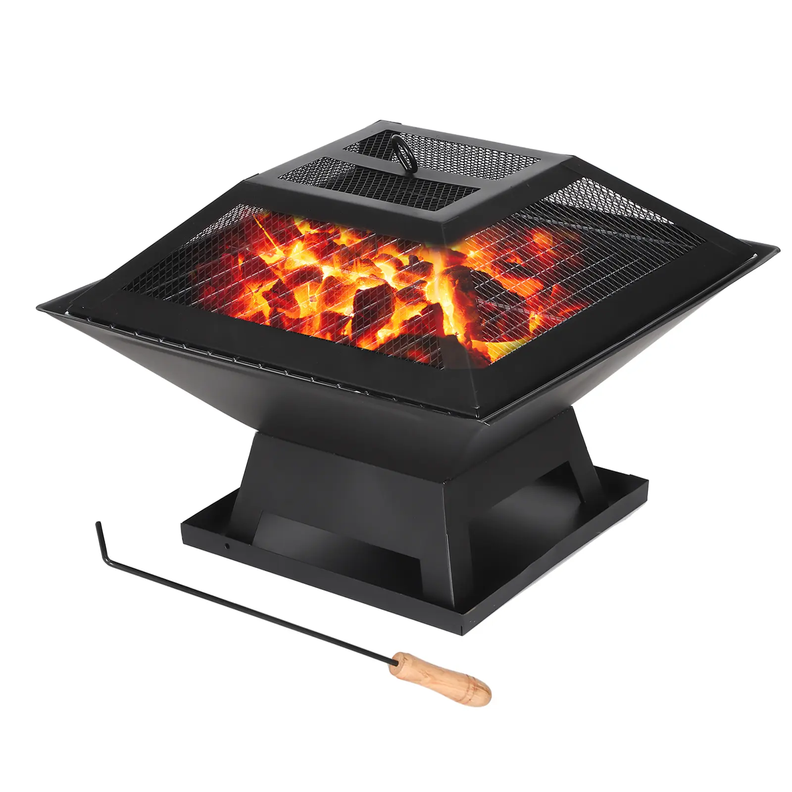 Flaryth Iron Black Small Square Wood-Burning Fire Pit with Fireproof Mat for Outdoor Backyard, Patio Camping Barbecue Use