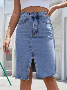 Comfort Womenswear Raw Hem Slit Denim Skirt - Cotton Denim with Buttoned Pocket & Side Slit, Slightly Stretchy for Summer Wear, Casual Style - Bottom, Minimalist, Palda, Basic, Fabric