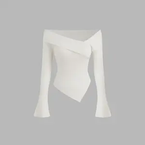 Cider [size 2-10] Off-shoulder Asymmetrical Hem Rib Sweater Top