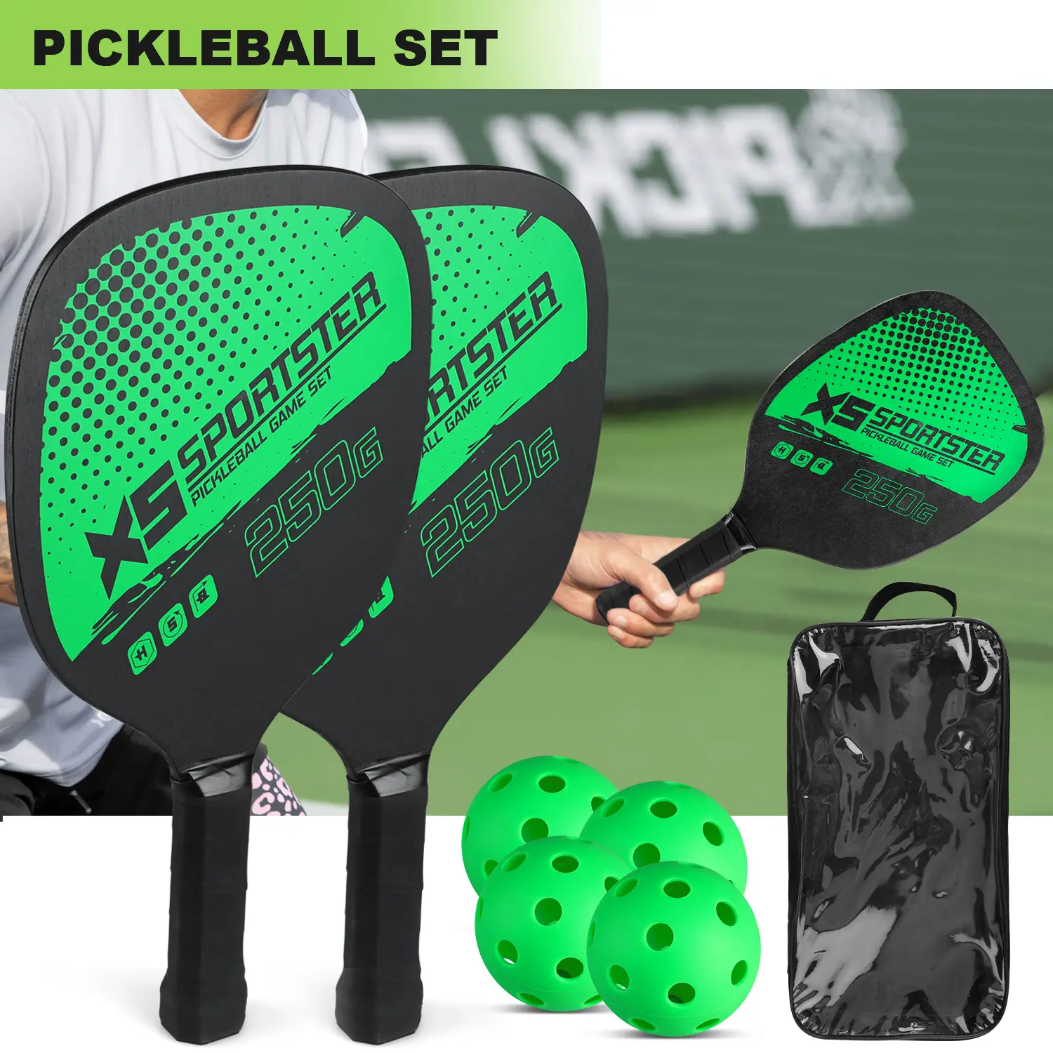XS Sportster Pickleball Game Set - 250g Paddles, 4 Green Balls, Zippered Bag - Lightweight, Joint-Friendly for All Ages - Full Set Ready to Play