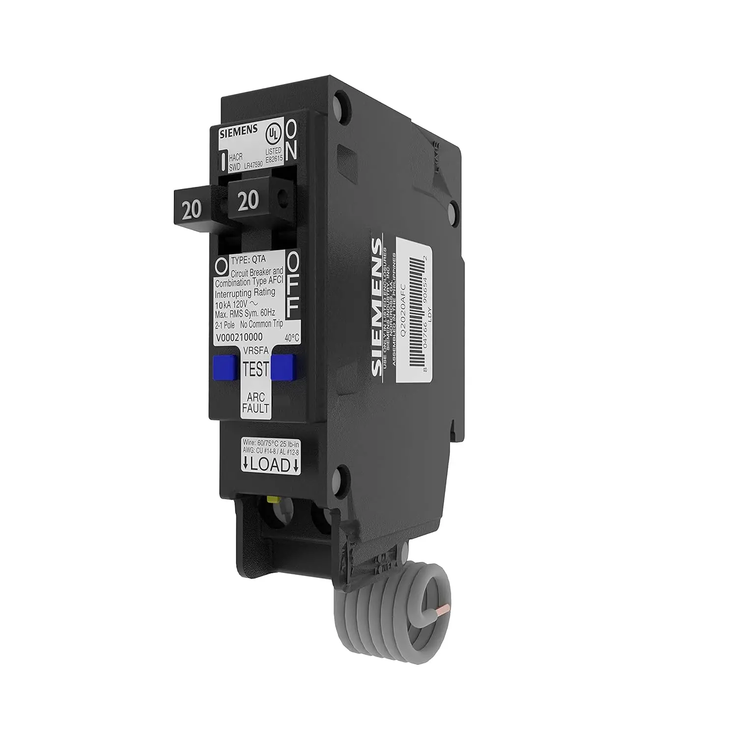 Siemens QP Q2020AFC Genuine OEM Plug-In Circuit Breaker, 20A Single-Pole, 120/240V, 10 KAIC, Thermal Magnetic Trip, for QP Series Load Centers, Residential & Light Commercial Use