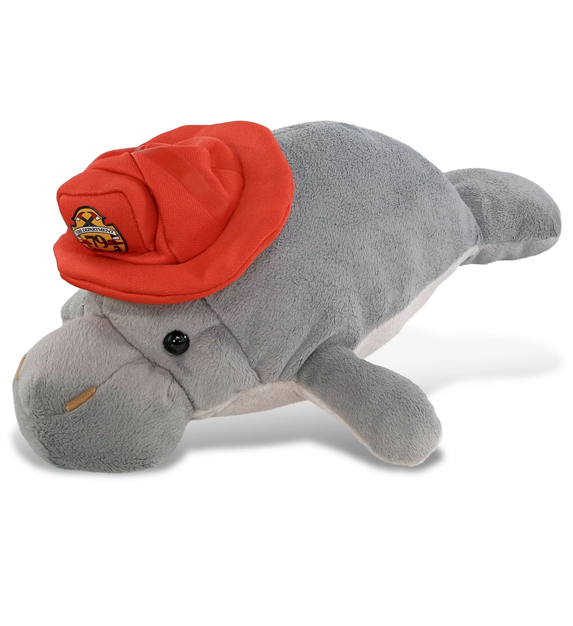 DOLLIBU 1 Manatee Plush Toy - Grey Fireman Stuffed Toy, 15l×9w×5.5h in, 100% Polyester Fabric, Removable Hook-and-Loop Tape Fastener Hat, Pretend Play, Hand Wash-Dry Friendly, Bedroom Use, Ages 0+